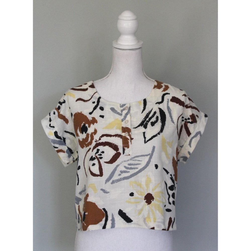 Vintage DAVID PEET Cropped Neutral Boxy Abstract Floral Top, Small S Medium M